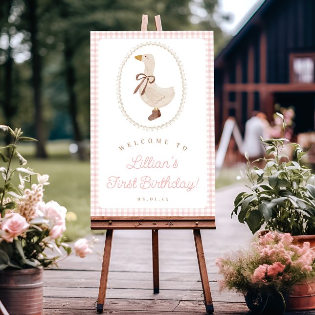 Fånig Goose Rosa Gingham Girl Birthday Välkommen Poster (Skapare uppladdad)