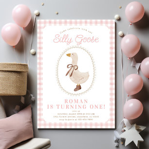 Fånig Goose Rosa Gingham och Bow Girl Birthday Inbjudningar