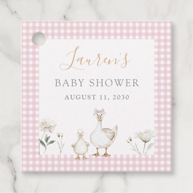 Fånig Goose Whimsical Rosa Bow Flicka Shower Gåvor Etiketter (Framsida)