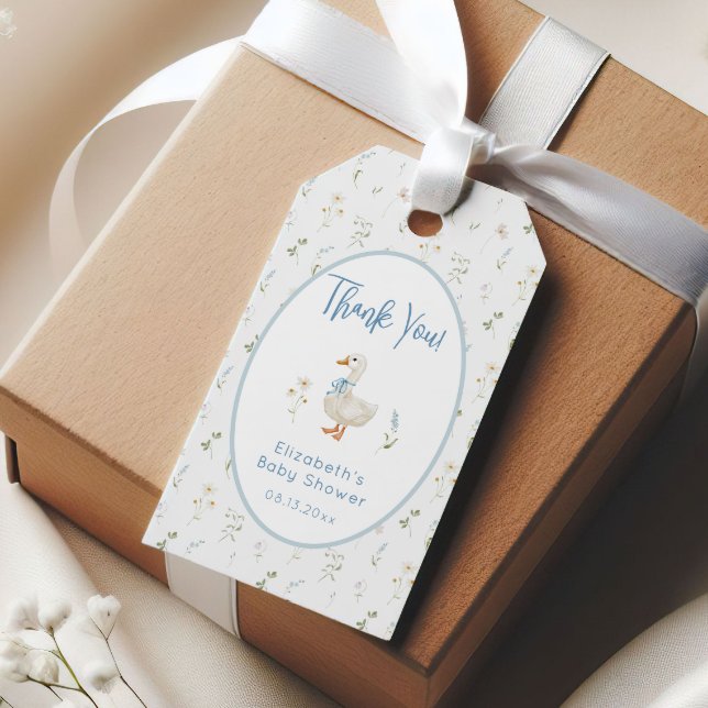 Fånig Goose Wildblomma Blue Bow Baby Shower Presentetikett (Skapare uppladdad)