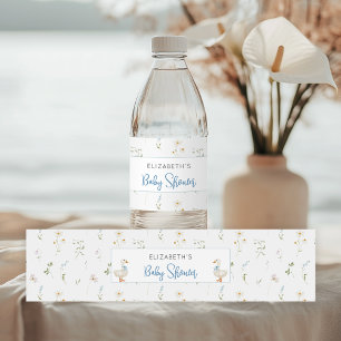 Fånig Goose Wildblomma Blue Bow Baby Shower Vattenflaskor Etikett