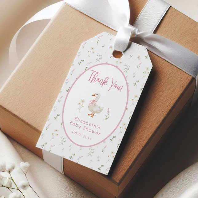 Fånig Goose Wildblommes Rosa Bow Baby Shower Presentetikett (Skapare uppladdad)
