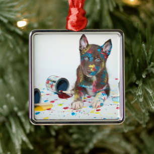 Fånig Husky Puppy har in i Paint Bucks Julgransprydnad Metall