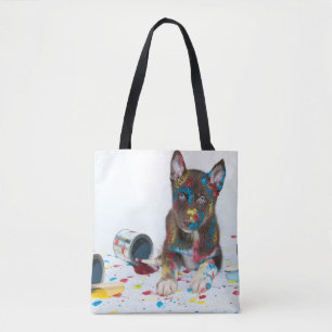Fånig Husky Puppy har in i Paint Bucks Tygkasse