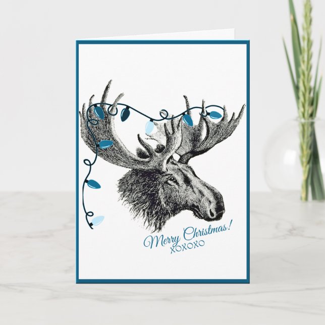Fånig Jul Moose med Blue Ljus Helgkort (Framsida)