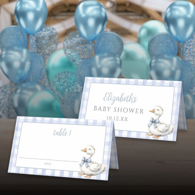 Fånig Little Goose Blue Gingham Baby Shower Placeringskort (Silly Little Goose Blue Gingham Baby Shower Place Card)