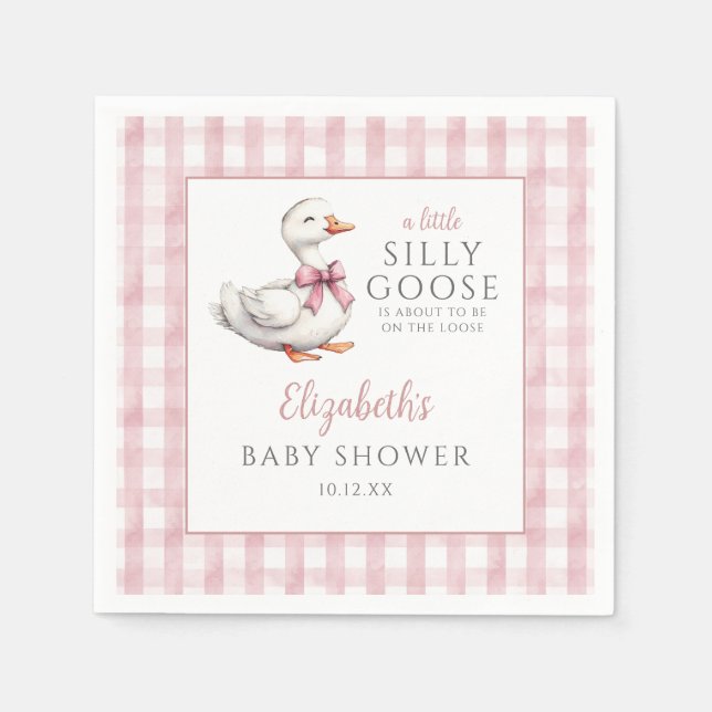 Fånig Little Goose Rosa Gingham Baby Shower Pappersservett (Framsidan)