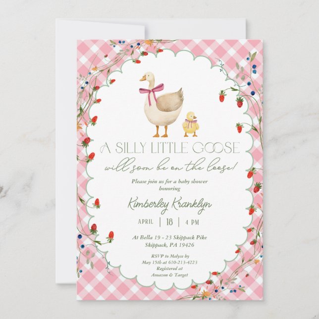 Fånig Little Goose Rosa Gingham Girl Baby Shower Inbjudningar (Framsida)