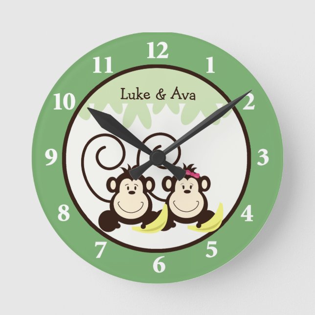 Fånig Monkey Wall Clock - Boy and Girl Monkey Rund Klocka (Framsida)