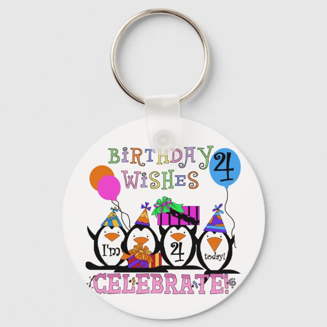 Fånig Penguins 4e födelsedagen T-shirts och presen Nyckelring (Framsida)