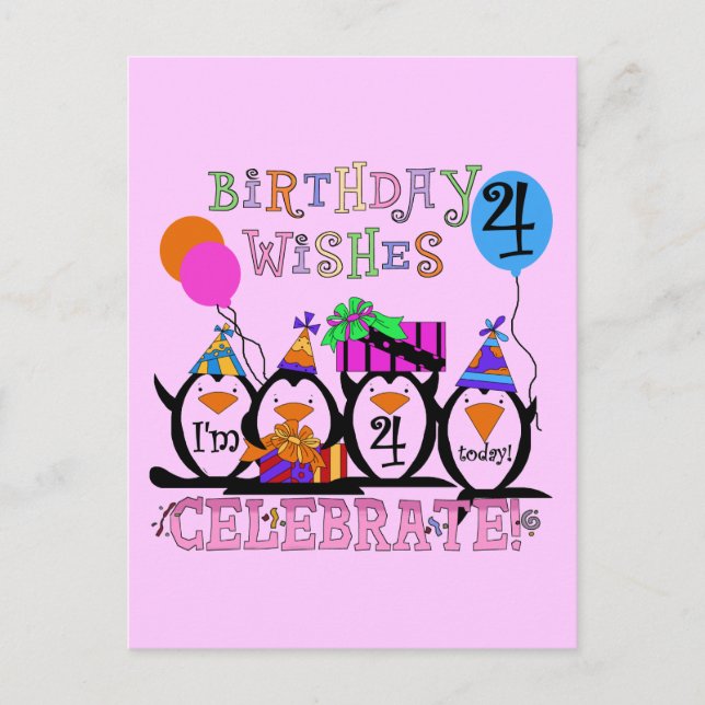 Fånig Penguins 4e födelsedagen T-shirts och presen Vykort (Framsida)