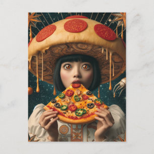 Fånig Pizza Woman med Pepperoni Mushroom Hat Vykort