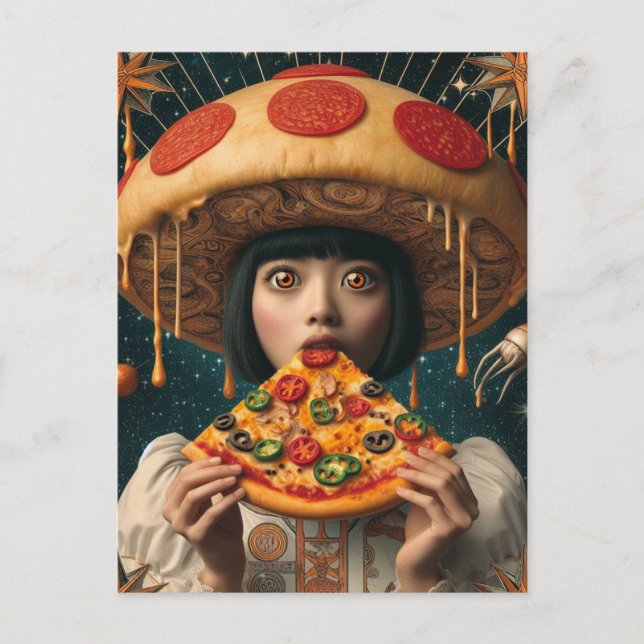 Fånig Pizza Woman med Pepperoni Mushroom Hat Vykort (Framsida)