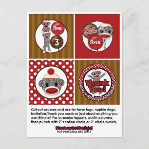 Fånig SOCK MONKEY Birthday Cupaka Topper SMR. Vykort