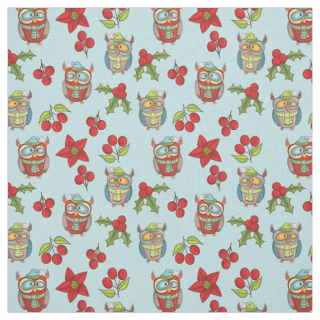 Fånig Uggla jul Holly Berries Quilting Cotton Tyg (Provkarta)