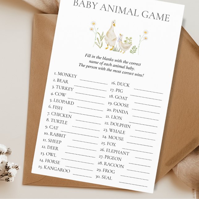 Fåniget Baby djur Game Goose Baby Shower Flygblad (Baby Animal Game Baby Shower Silly Goose Fun Budget Aesthetic)