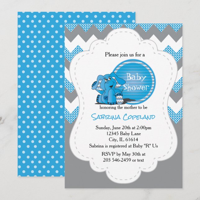 Fåniget Elephant (ung Blue Chevron) | Baby Shower Inbjudningar (Fram/baksida)