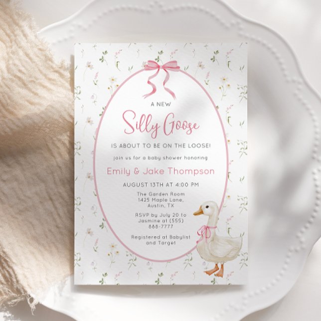 Fåniget går Rosa Bow Blommigt Baby Shower-inbjudan Inbjudningar (Skapare uppladdad)