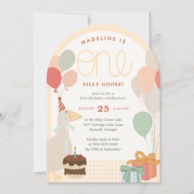 Fåniget Goose First Birthday - Whimsical Goose Par Inbjudningar (Framsida)