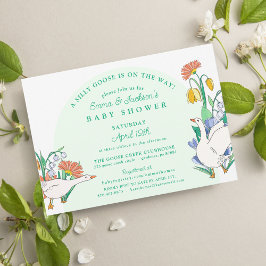 Fåniget Goose Grönt Blommigt Baby Shower Inbjudningar