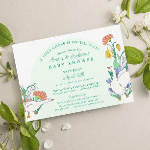 Fåniget Goose Grönt Blommigt Baby Shower Inbjudningar