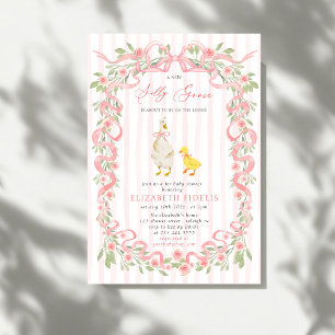 Fåniget Goose Rosa Bow Blommigt Ro Baby Shower Inbjudningar
