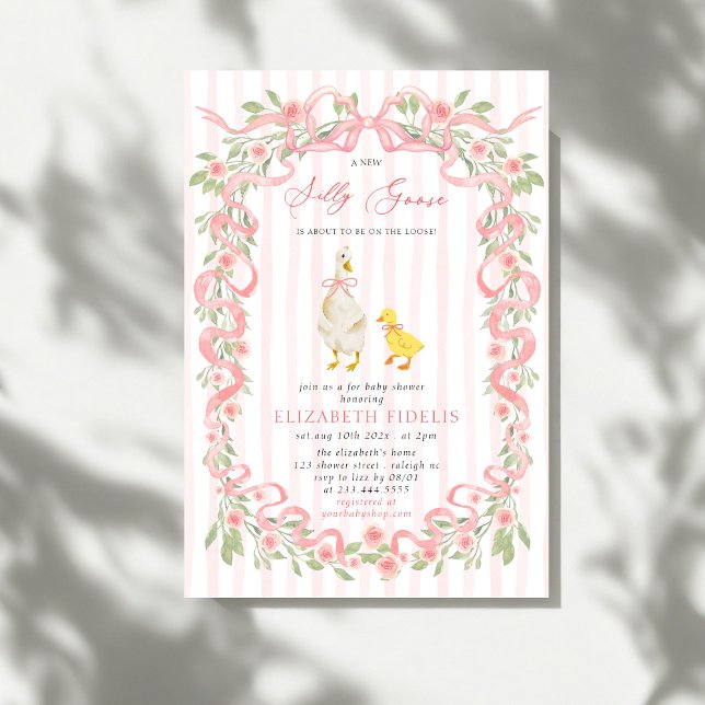 Fåniget Goose Rosa Bow Blommigt Ro Baby Shower Inbjudningar (Skapare uppladdad)