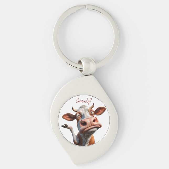 Fåniget Kow - "Allvarligt"? Lönsam offertdesign Swirl Silverfärgad Nyckelring (Framsidan)