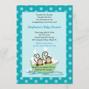 Fånigets apor i Tub Twillingars Baby Shower - Aqua Inbjudningar