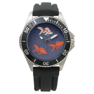 Fantail Goldfish on Seigaiha Wave Mönster japansk Armbandsur
