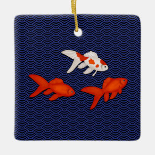 Fantail Goldfish on Seigaiha Wave Mönster japansk Julgransprydnad Keramik
