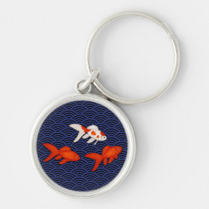 Fantail Goldfish on Seigaiha Wave Mönster japansk Rund Silverfärgad Nyckelring