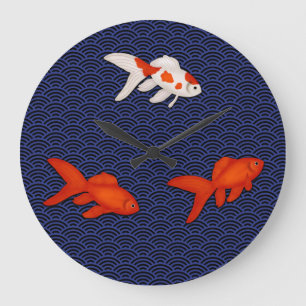 Fantail Goldfish på japanska Seigaiha Wave Mönst Stor Klocka