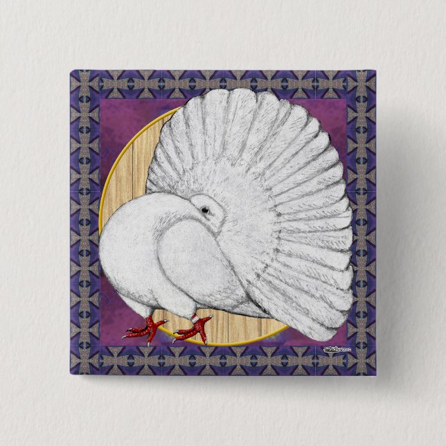 Fantail Pigeon White med bakgrund Knapp (Framsida)