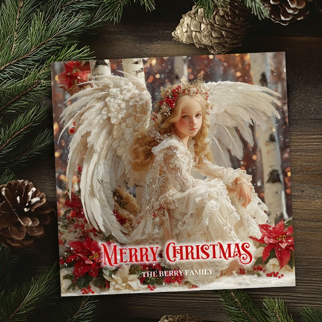 Fantasi änglalik ängel röd guld festlig glitter  julkort (Fantasy angelic angel red gold festive sparkles card)