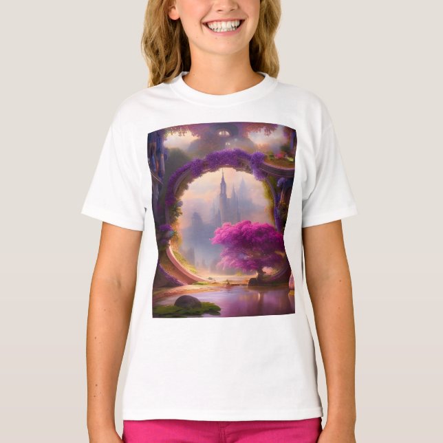 Fantasi blomster innergård rosa träd  t shirt (Framsida)