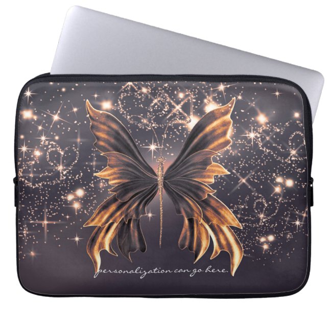Fantasi Fjäril Guld Glitter Laptop Sleeve (Framsidan)