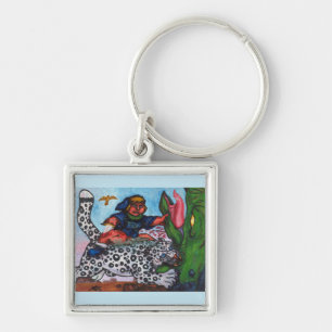 fantasi pojke som leker katt som bråkar drake fyrkantig silverfärgad nyckelring