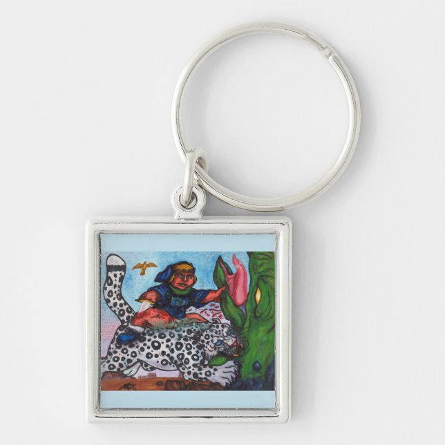 fantasi pojke som leker katt som bråkar drake fyrkantig silverfärgad nyckelring (Framsidan)