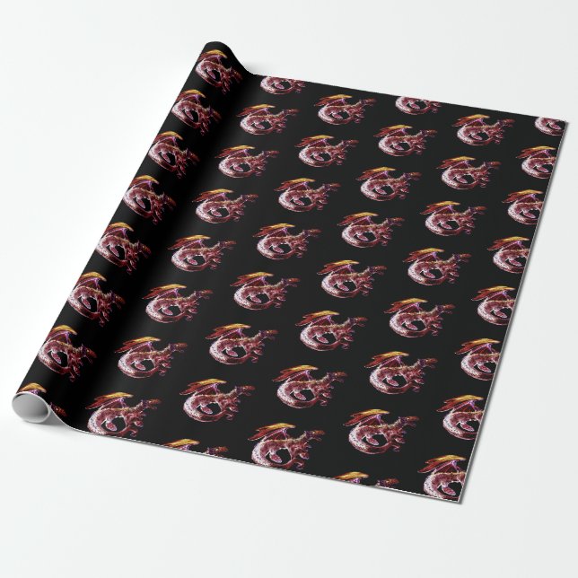 Fantasi Ruby Röd Drak Svart Bakgrund Mythiskt Presentpapper (Utrullad)