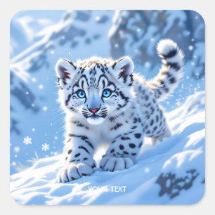 Fantasi Söt Snö Baby Leopard Fyrkantigt Klistermärke