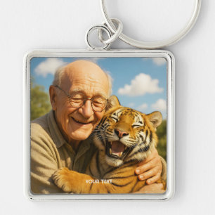 Fantasi Söt Tiger Gammal Man Fyrkantig Silverfärgad Nyckelring