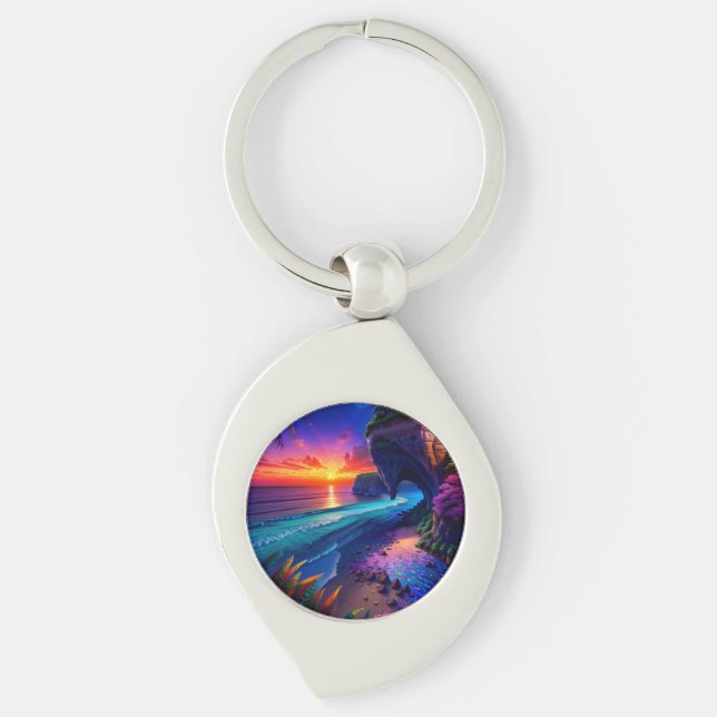 Fantasi Tropisk Strand Fyra Swirl Silverfärgad Nyckelring (Framsidan)