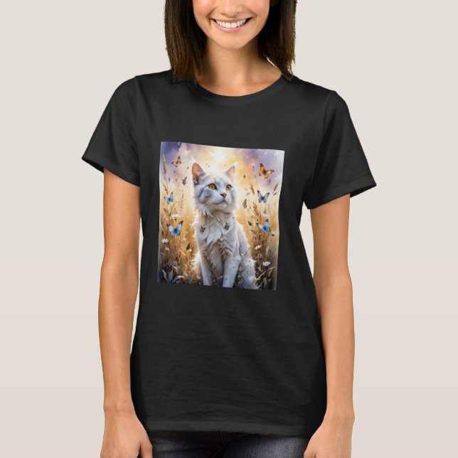 Fantasi Vit Katt Fjärilar T Shirt (Framsida)