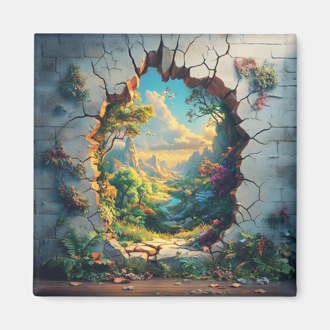 Fantasi World genom en sprucken väggdesign Magnet (Framsidan)