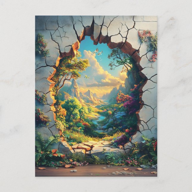 Fantasi World genom en sprucken väggdesign Vykort (Framsida)