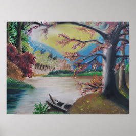Fantasilandskap med färgglada träd & strålande poster