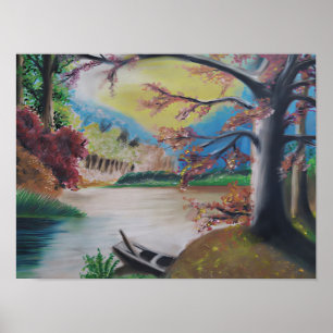 Fantasilandskap med färgglada träd & strålande poster