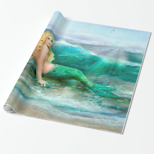 Fantasisjöjungfru på kust av Aquablåtthavet Presentpapper