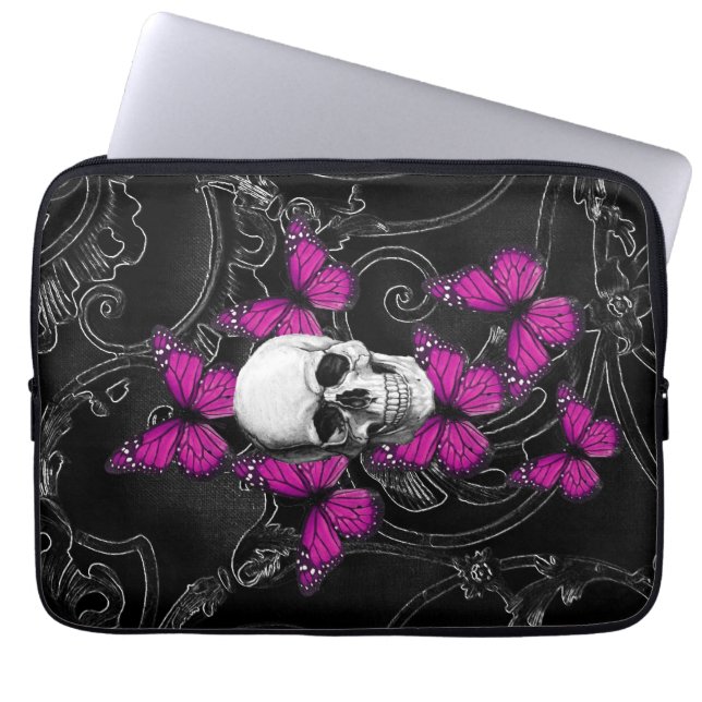 Fantasiskalle- och shock rosafjärilar laptop sleeve (Framsidan)